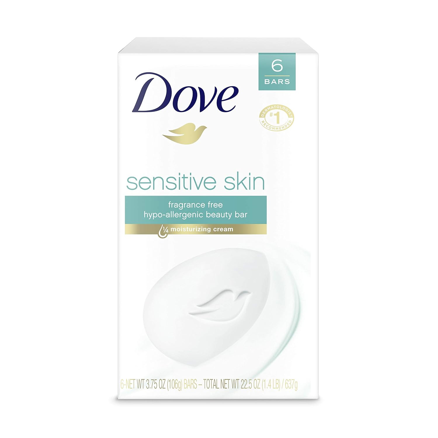 Dove Beauty Bar Soap Sensitive, 8 Bars for Sensitive Skin, Fragrance Free and Hy
