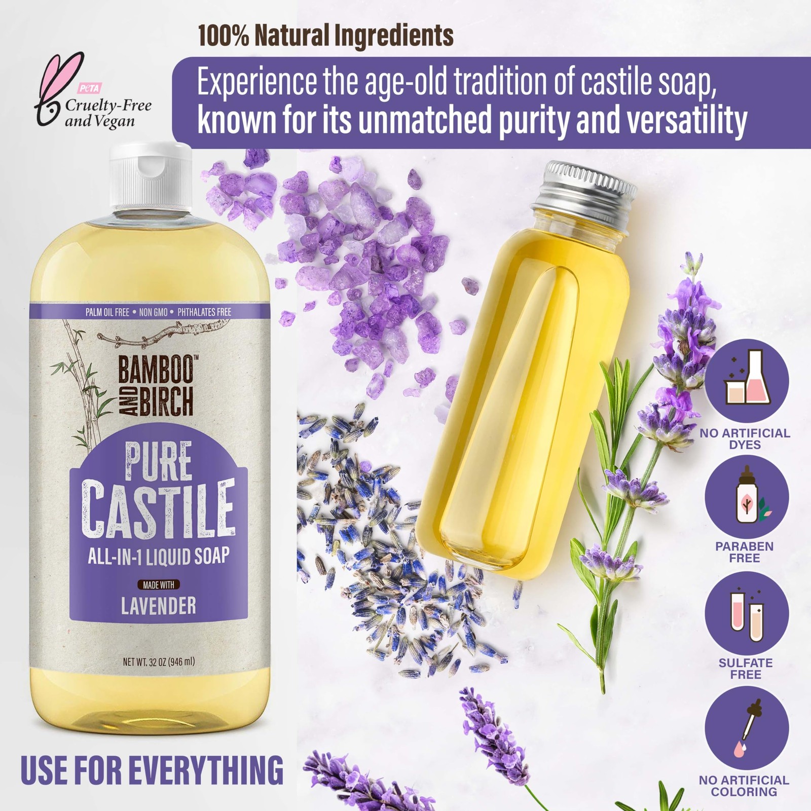 Pure Castile Soap Liquid, Lavender, 32 oz