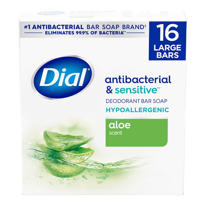 Dial Bar Soap Antibacterial & Sensitive with Aloe, 16 Pack/4 oz Each