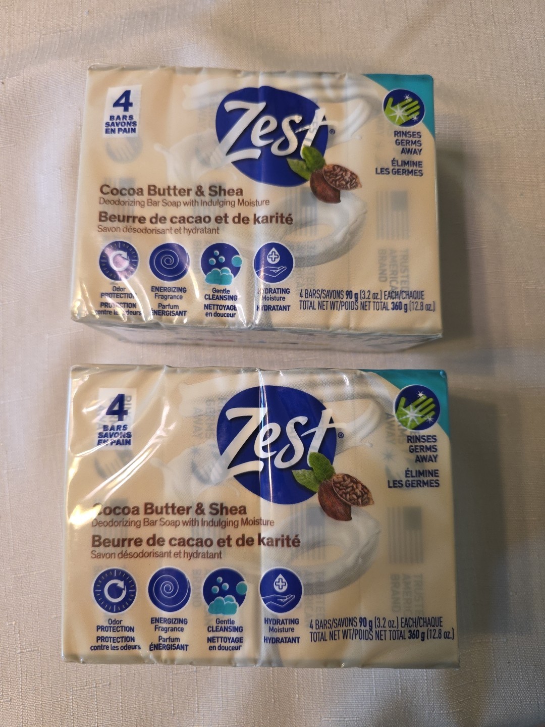 Lot Of 2 Zest Cocoa Butter & Shea Bar Soap, for All Skin Types, 4 oz, 8 Bars