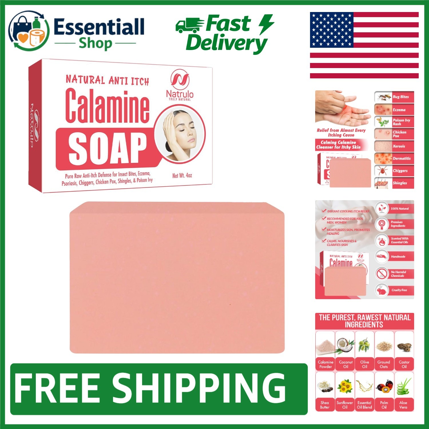 Natural Calamine Itch Relief Soap Bar – Soothing for Eczema & Insect Bites, 4oz