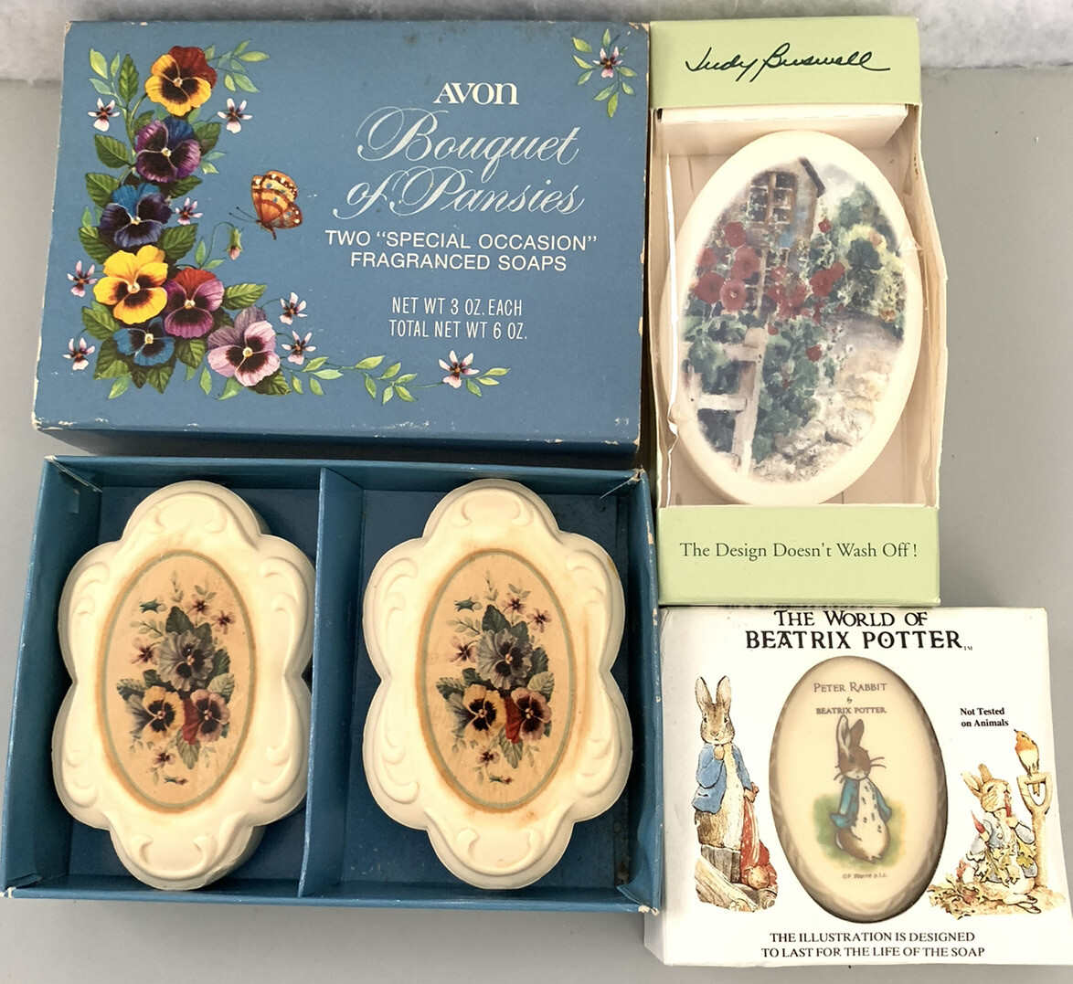 Decorative Soaps LOT OF 3 BOXES unused Hostess Guest Bath Beatrix Potter Avon +