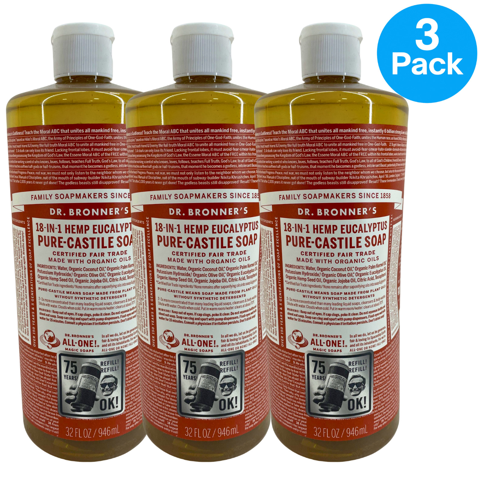 Dr. Bronner’s 18-in-1 Pure-Castile Magic Soap Eucalyptus 32 fl oz 3 Pack New