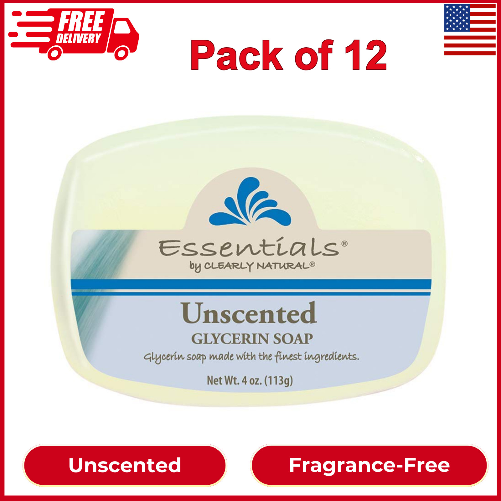 Essentials Glycerin Bar Soap, Unscented, 4 Ounce (Pack of 12), Fragrance-Free