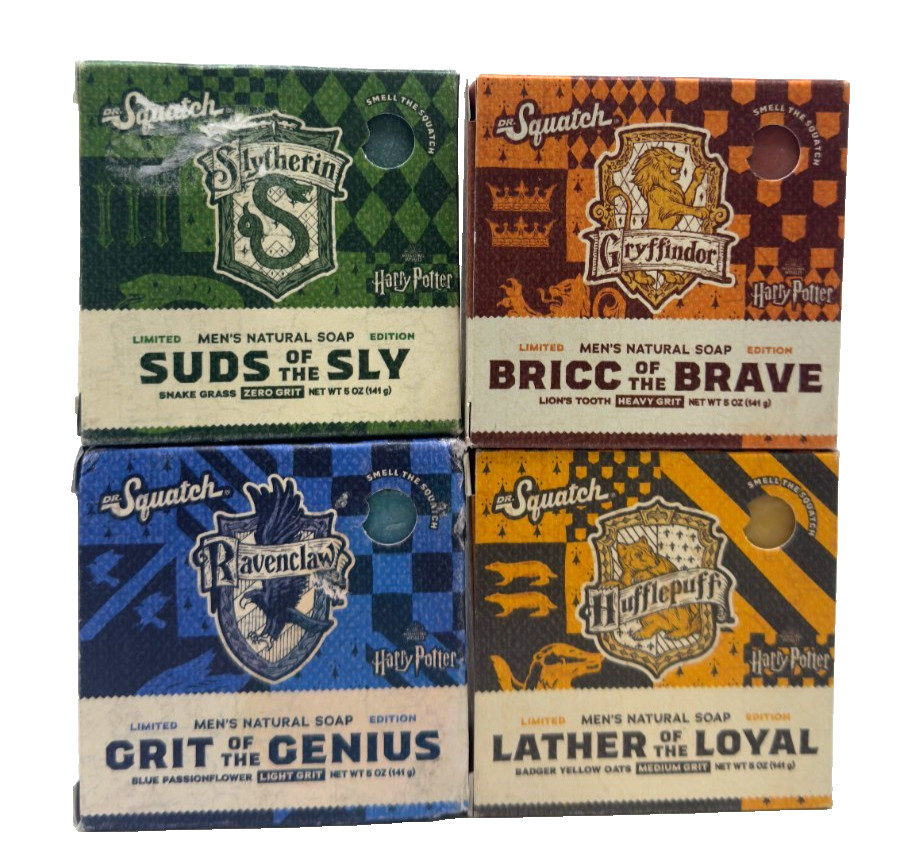 4 Pack Dr. Squatch Harry Potter Soap Hufflepuff/Slytherin/Ravenclaw/Gryffindor
