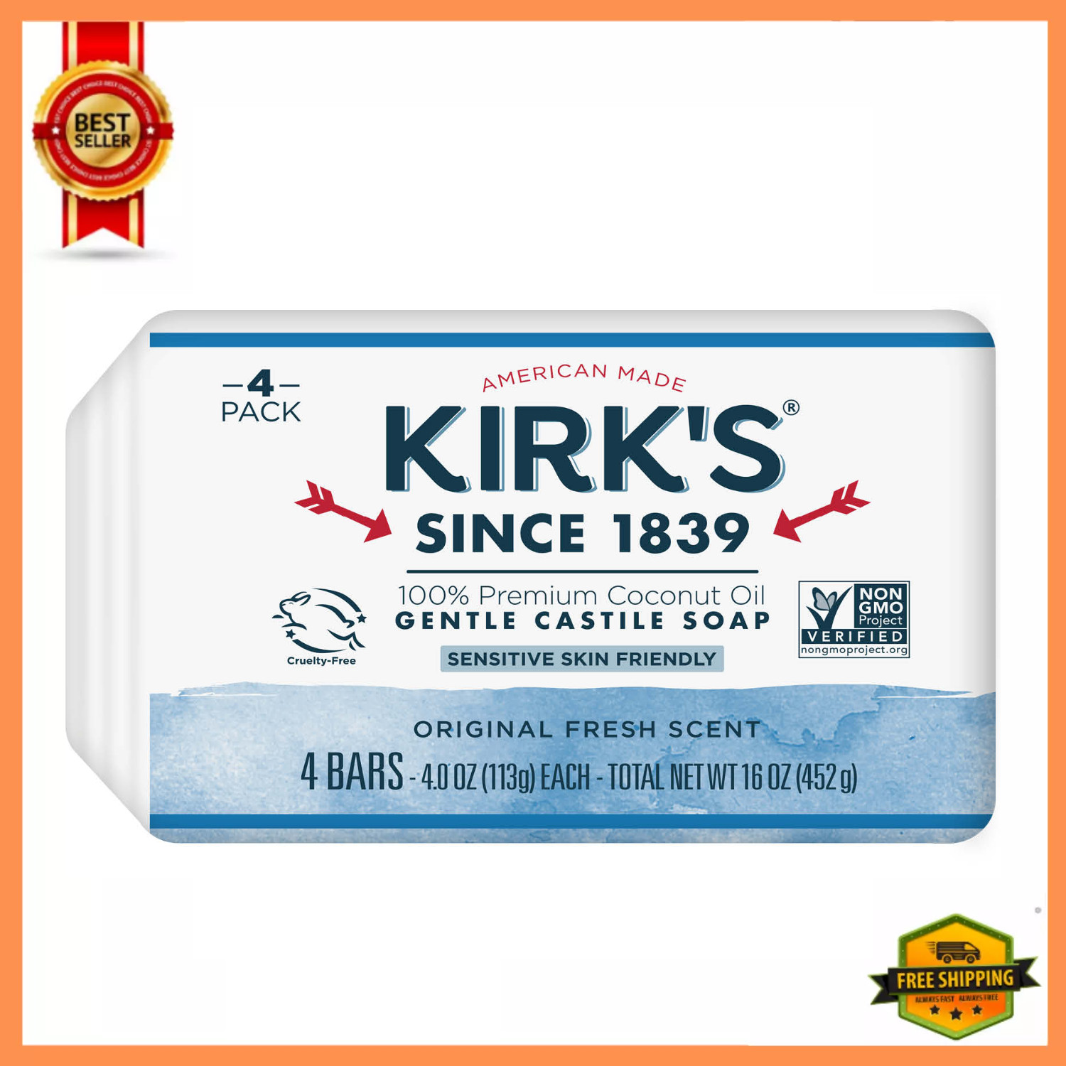 (4 Pack) Kirk’s Original Fresh Scent Gentle Castile Soap Simple, Gentle, Clean