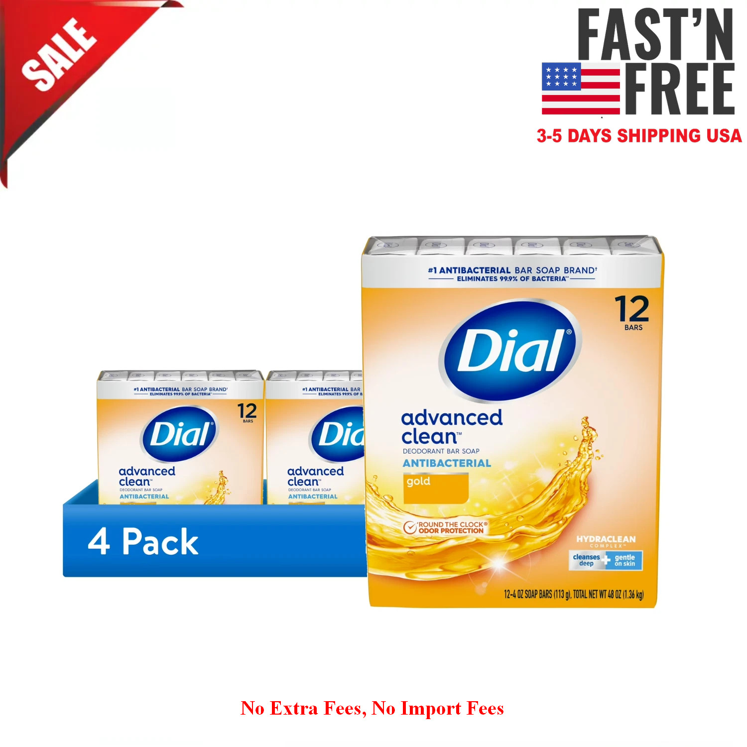 New Dial Antibacterial Deodorant Bar Soap, Advanced Clean, Gold, 48 Bars, 4 oz