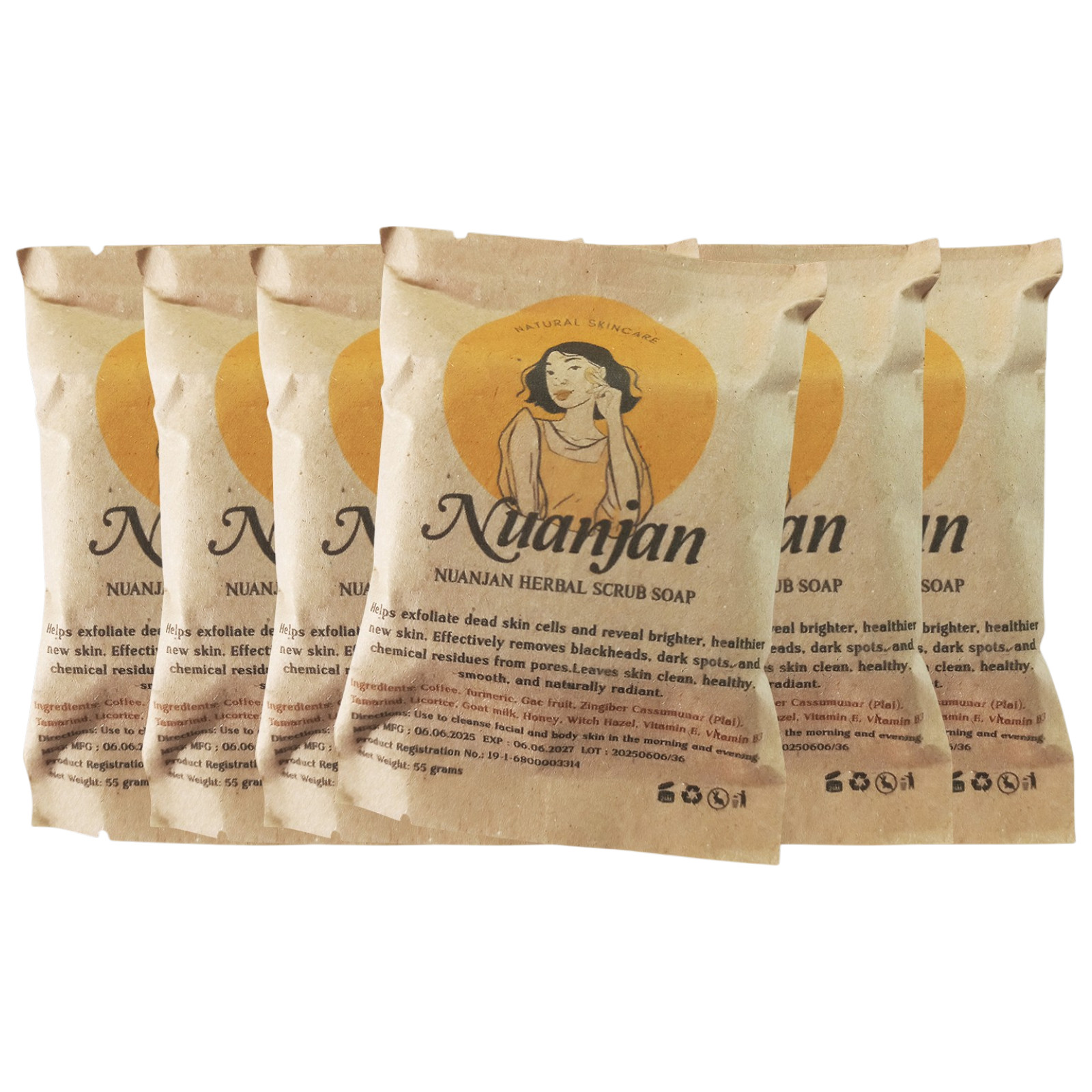6x 55g Nuanjan Herbal Soap Handcrafted Thailand Organic Scrub Smooth Radiance