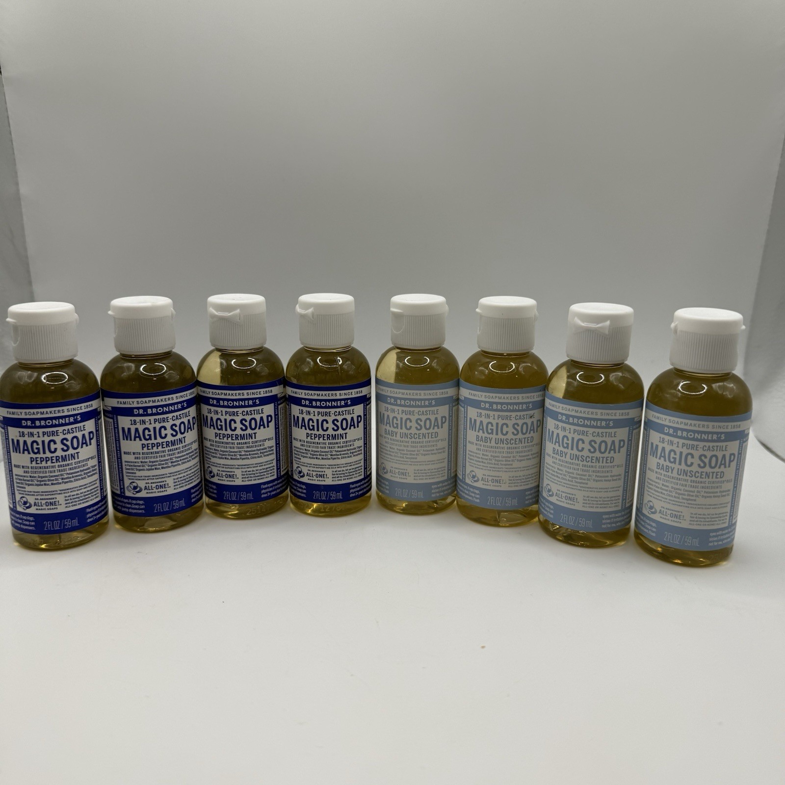 Lot 8 Dr Bronner’s 2oz Magic Soap Peppermint & Baby Unscented Travel