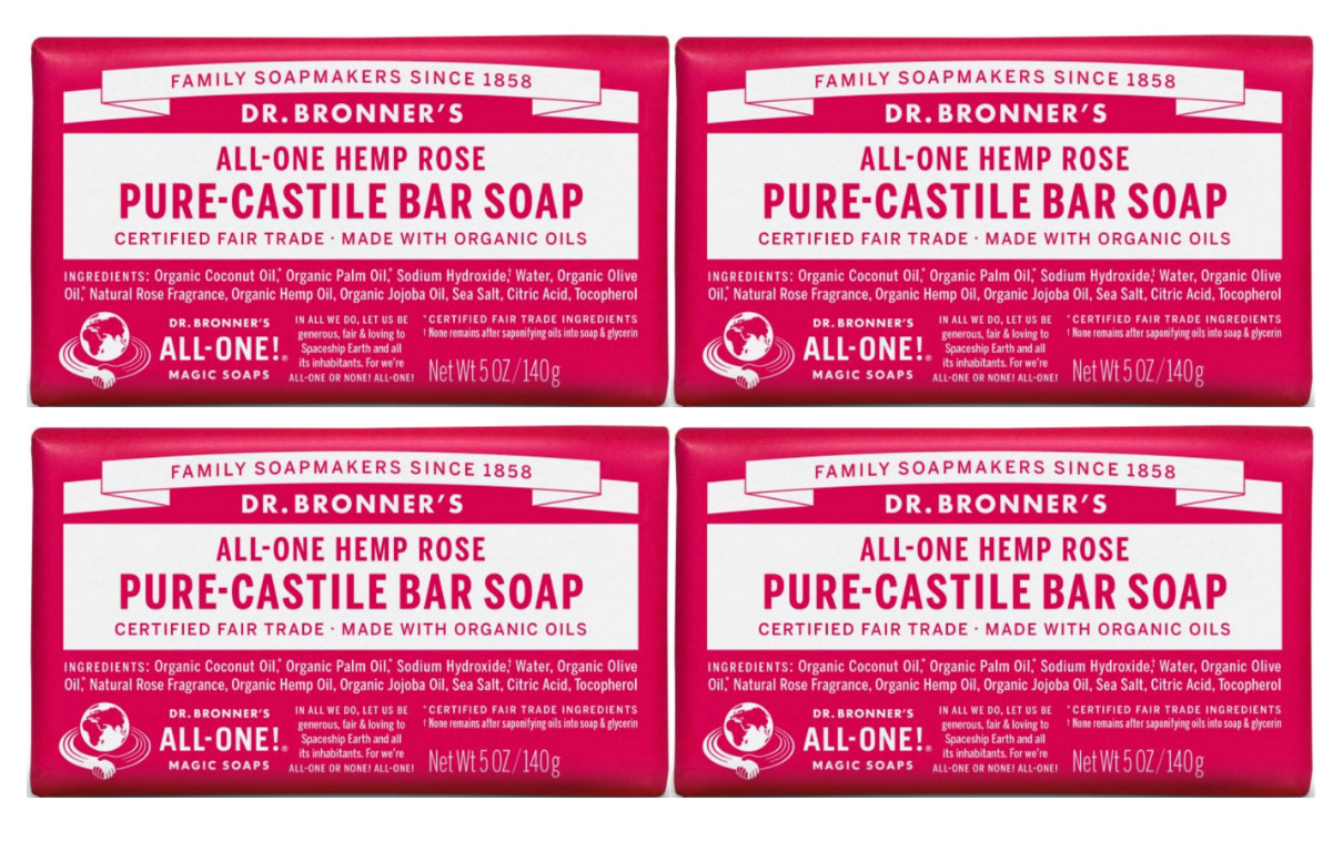 Dr Bronner’s All-One Hemp Rose Scent Pure-Castile Bar Soap – 4 PACK NEW SEALED