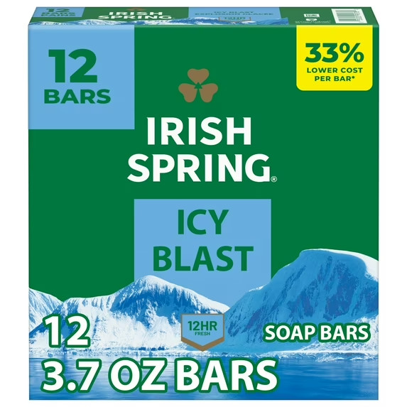 Irish Spring Icy Blast Deodorant Bar Soap for Men, Feel Fresh, 3.7 oz, 12 bar