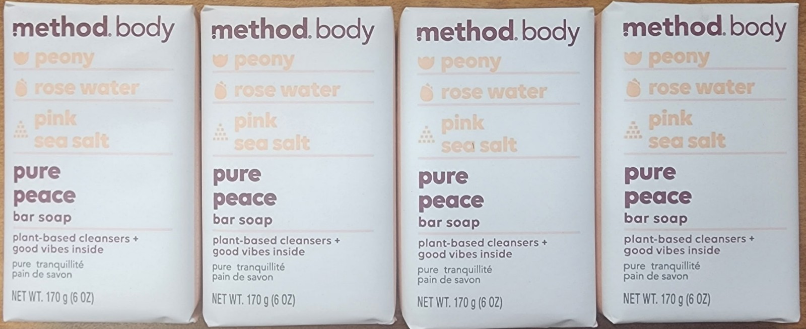 Method Body Pure Peace Bar Soap 4 Pack 6 Oz Each Bar Peony Rose Waters Pink Salt