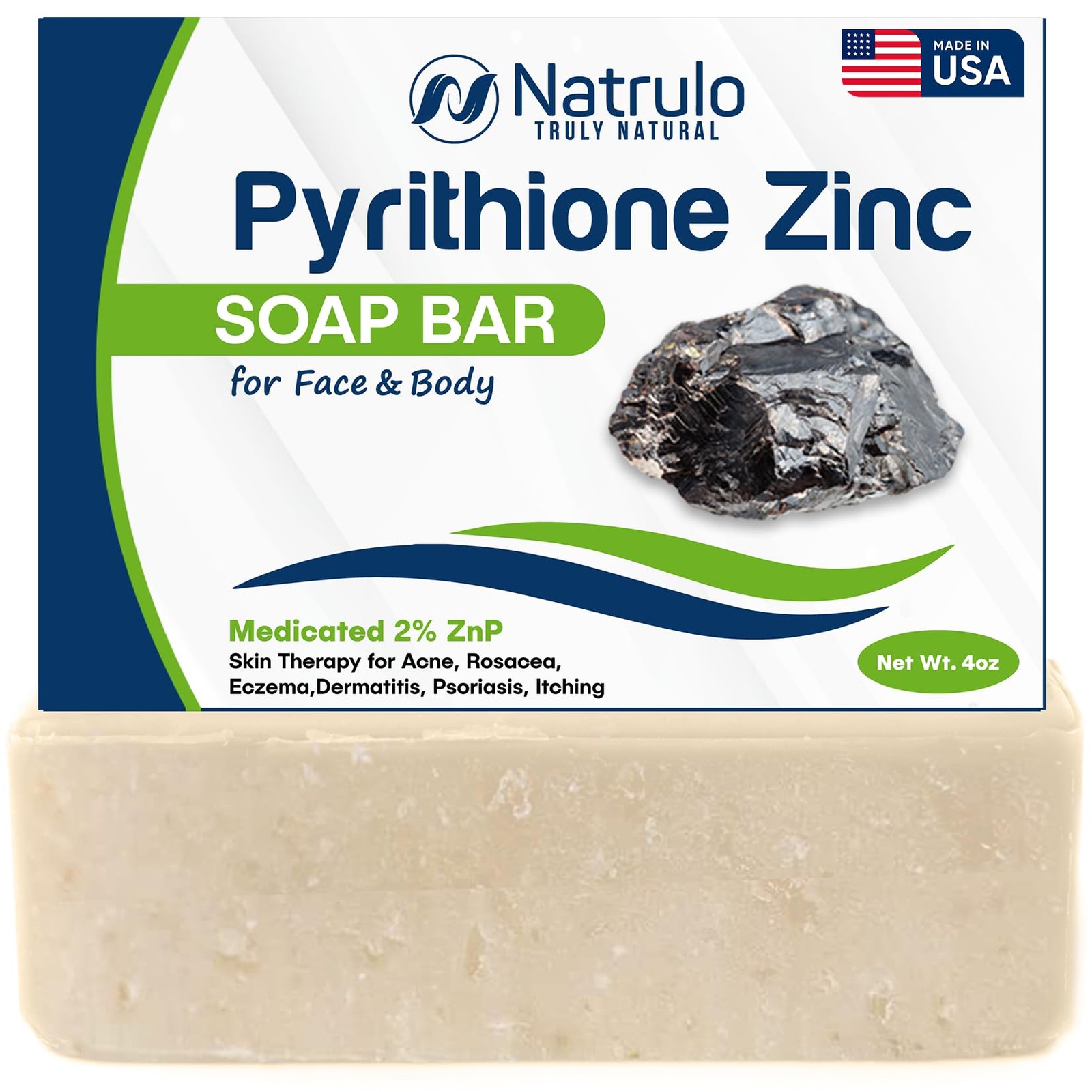 Pyrithione Zinc Soap Bar for Face & Body, 4oz | Medicated 2% ZnP Bar Soap Skin