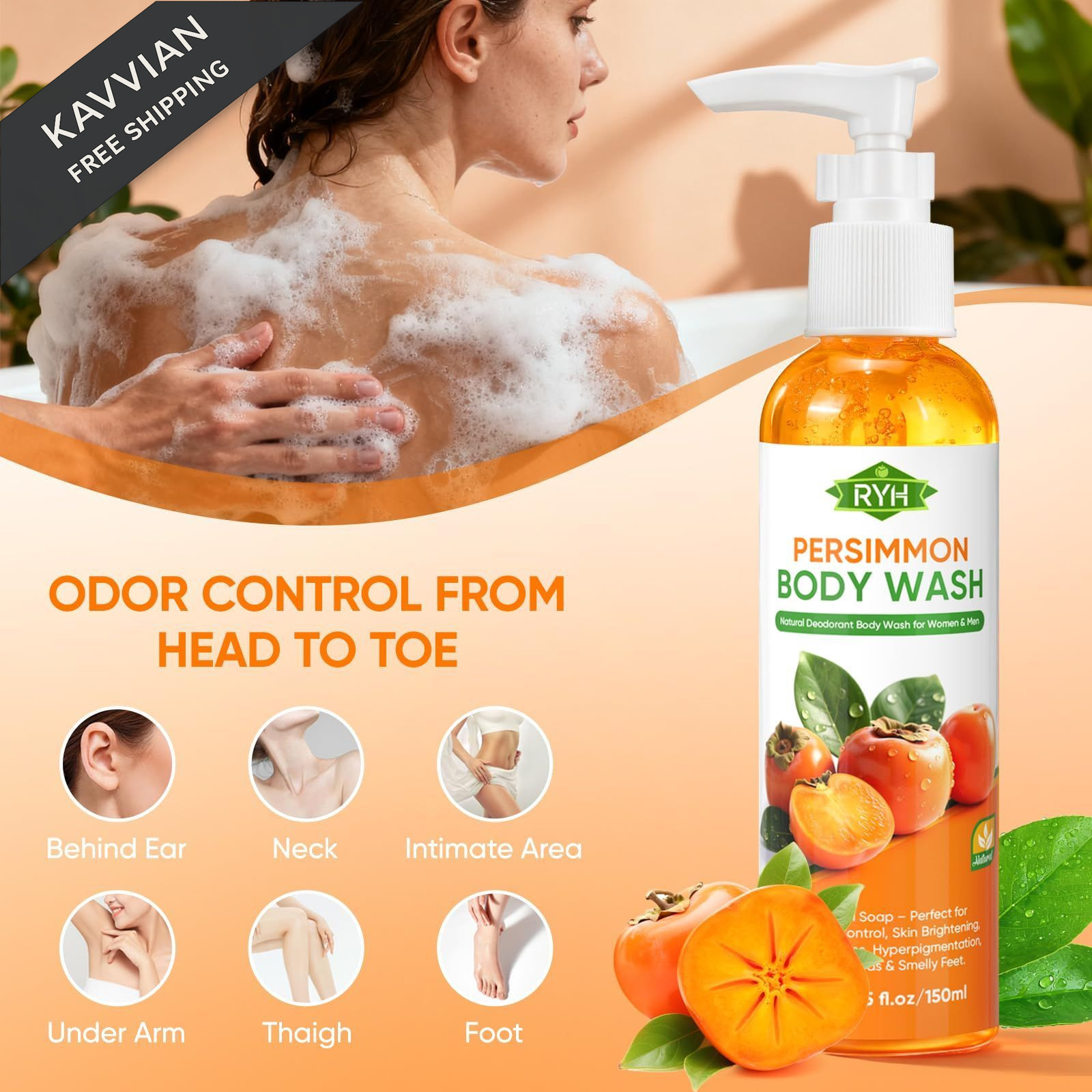 RYH Persimmon Body Wash for Odor Control – Natural 1 Count (Pack of 1)