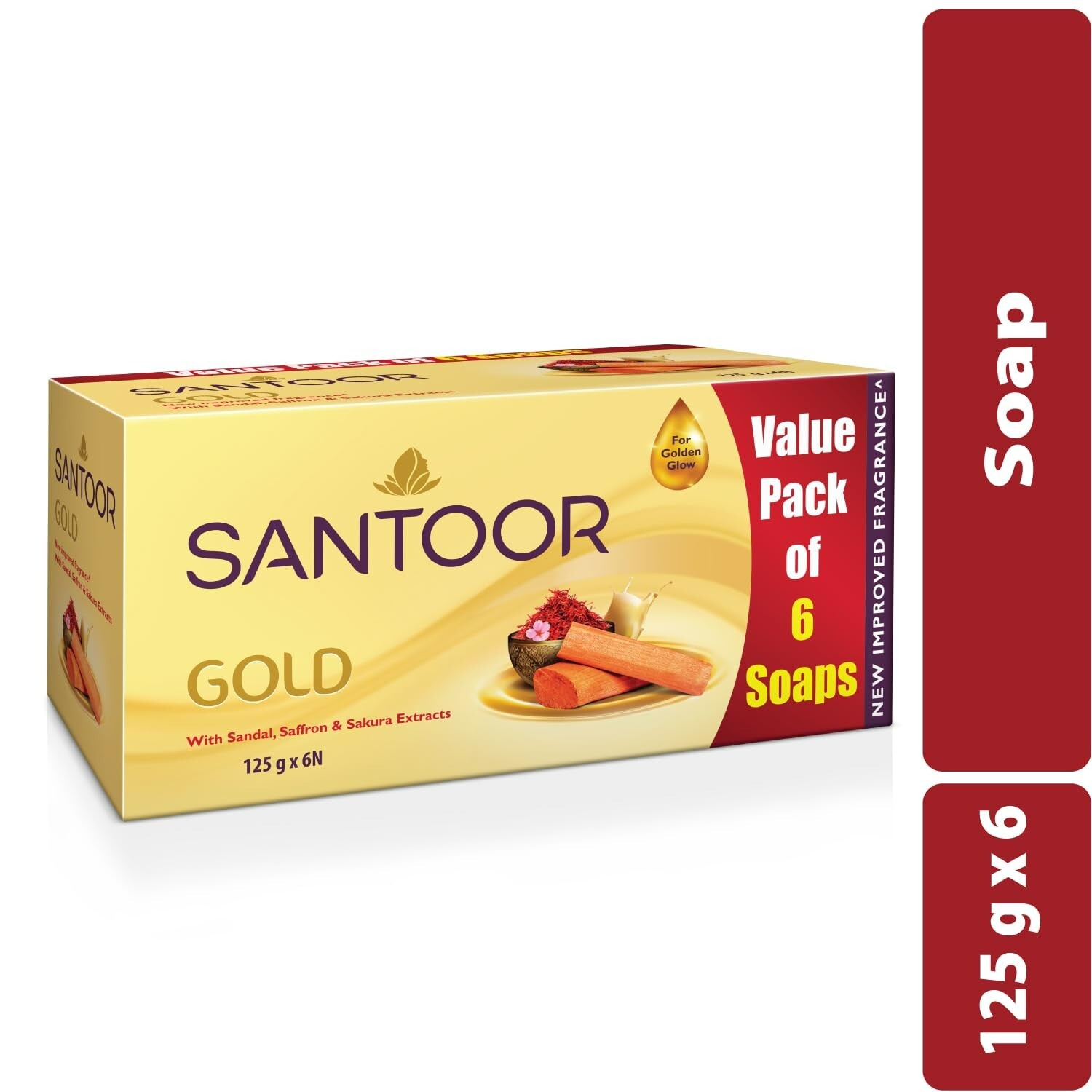 Santoor Gold Bathing Bar Soap with Kashmiri Saffron Sandal Each 125g Pack Of 6