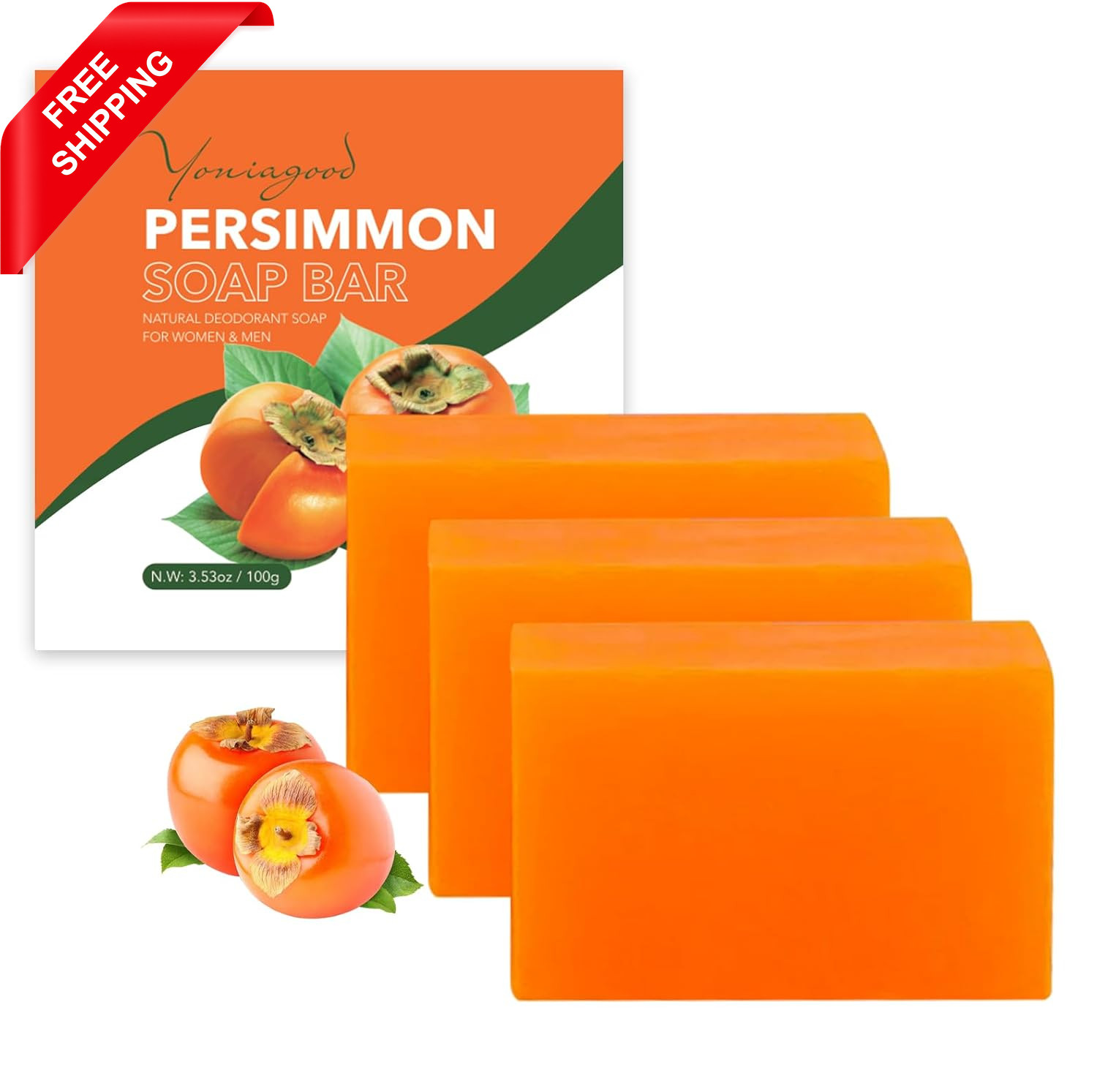 3 PCS Persimmon Soap Bar for Body Odor Control, Natural Refreshing Body Bar Soap