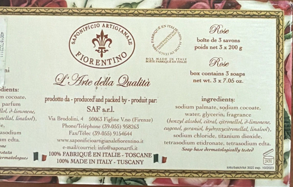 SAPONIFICIO ARTIGIANALE ROSE BLOSSOM SOAP 3 Bars – Set 7.05 oz NIB