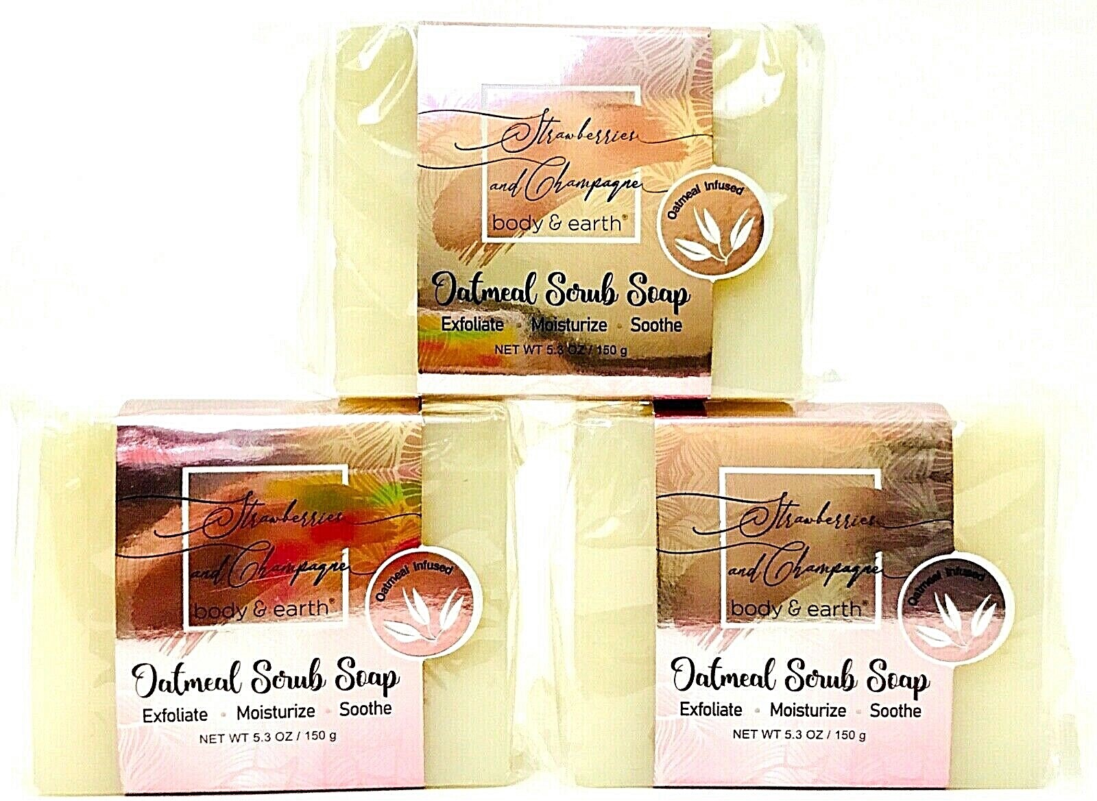 3 Count Body & Earth Strawberries & Champaign Oatmeal Infused Scrub Soap 5.3 Oz
