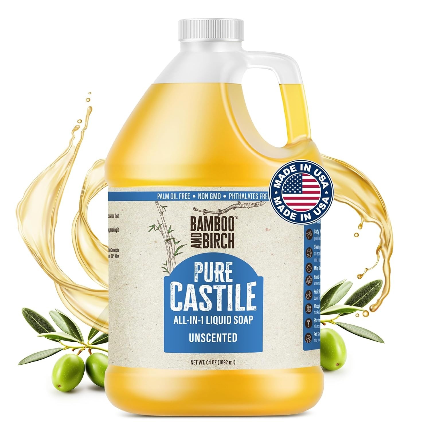Pure Castile Soap Liquid Organic, Certified Palm 32 FL OZ or 64 Fl Oz Unscented