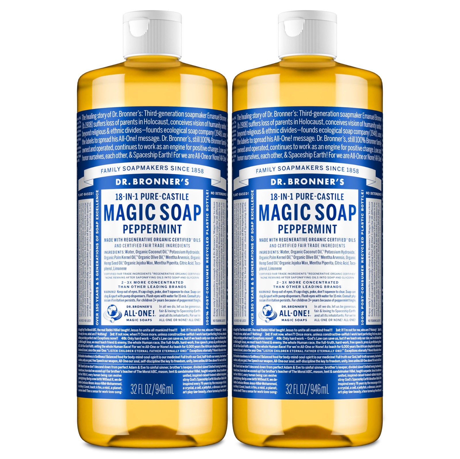 Dr. Bronner’s Pure-Castile Magic Liquid Soap- 32 Fl Oz (Pack of 2), Brown