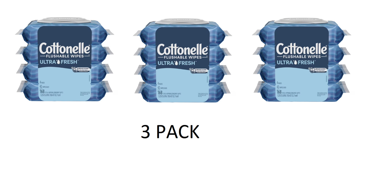 3 PACK Ultra Fresh Flushable Wet Wipes, 4 Flip-Top Packs (168 Total Flushab
