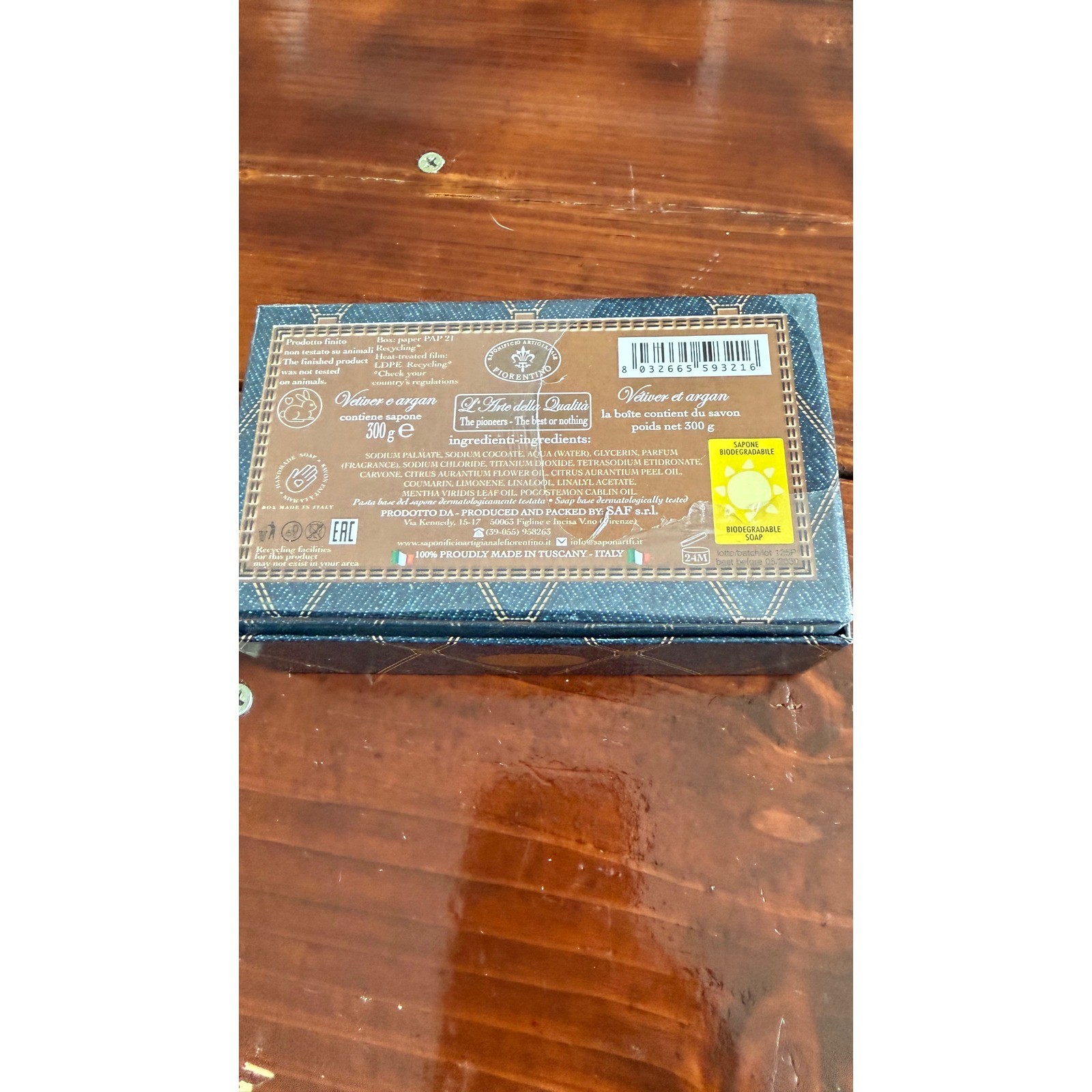 Saponificio Fiorentino Gentleman’s Soap Vetiver Argan 300g Made in Italy