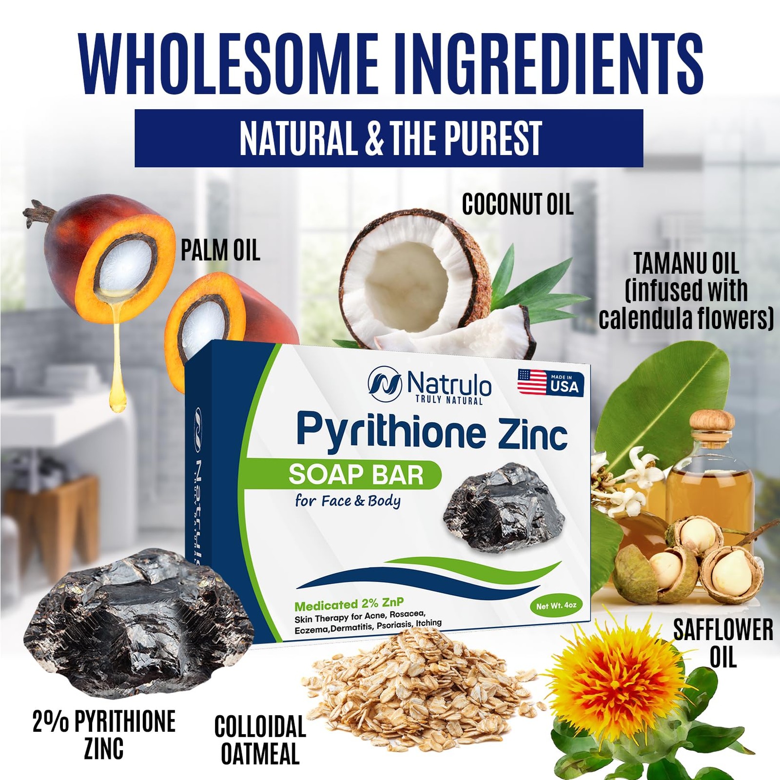 Pyrithione Zinc Soap Bar for Face & Body, 4oz | Medicated 2% ZnP Bar Soap Skin