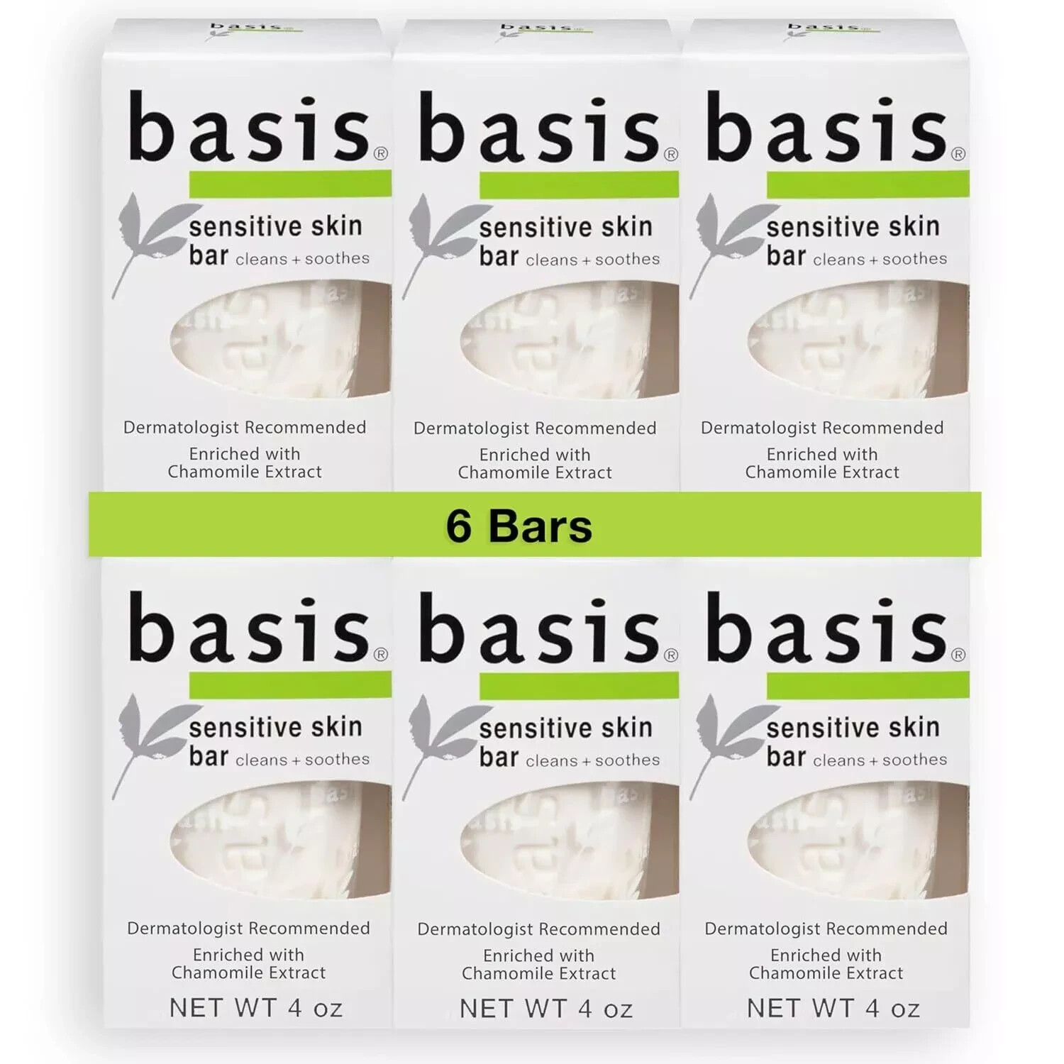 Basis Sensitive Skin Bar Soap – Cleans and Soothes with Chamomile – Pack of 6