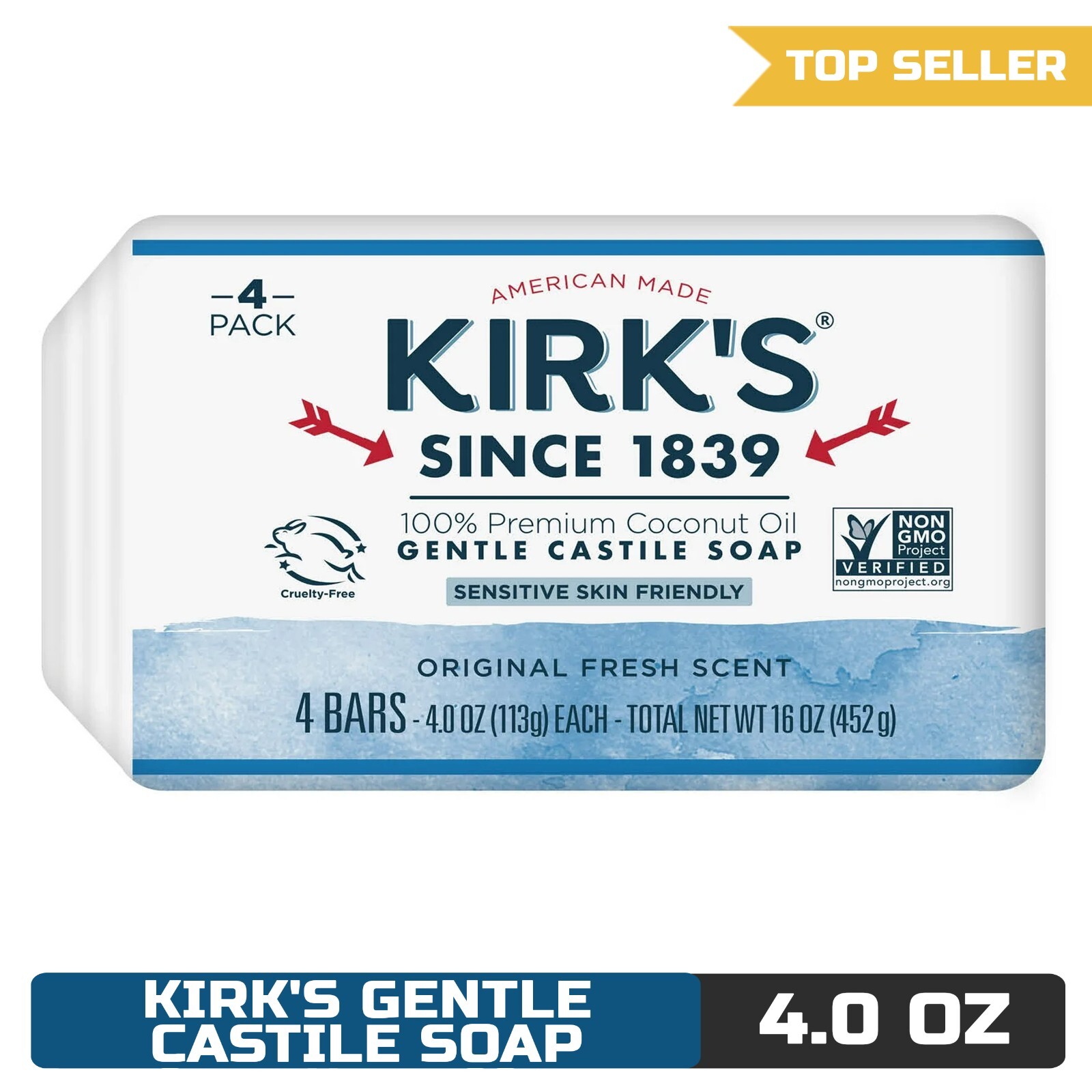 Kirk’s Original Fresh Scent Gentle Castile Soap, 4 Ct Pack – Hypoallergenic