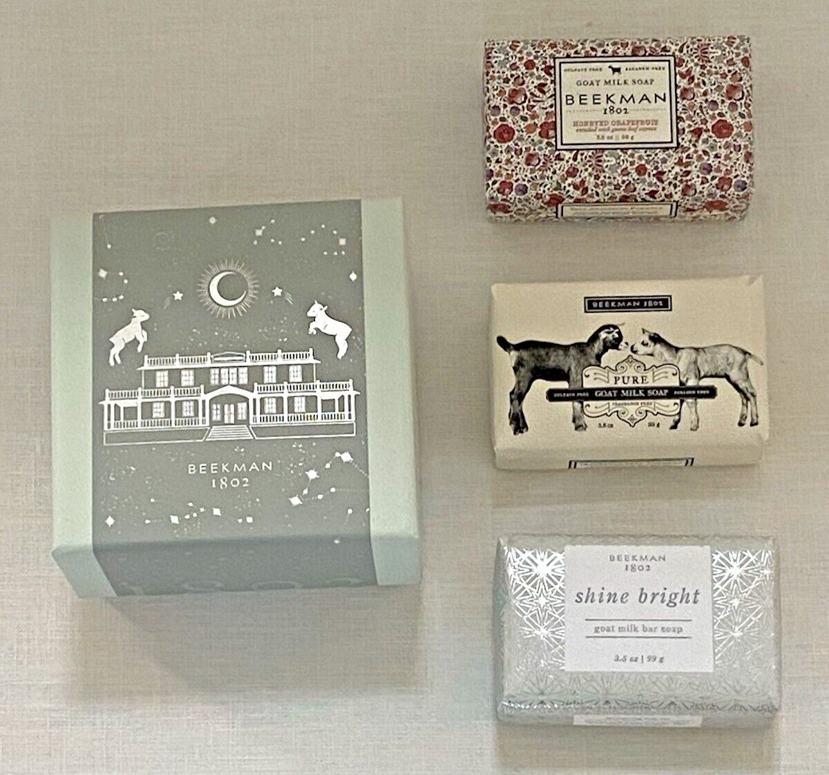 3 Beekman 1802 Goat Milk Soap 3.5oz Bars Bundle Gift Box Pure Honey Grape Shine