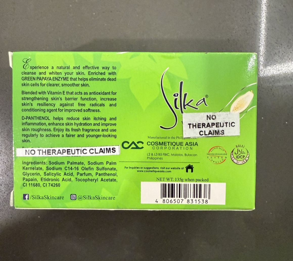 Silka Whitening Herbal Green Papaya Soap with VitaRich Actives 135g (Lot of 4)