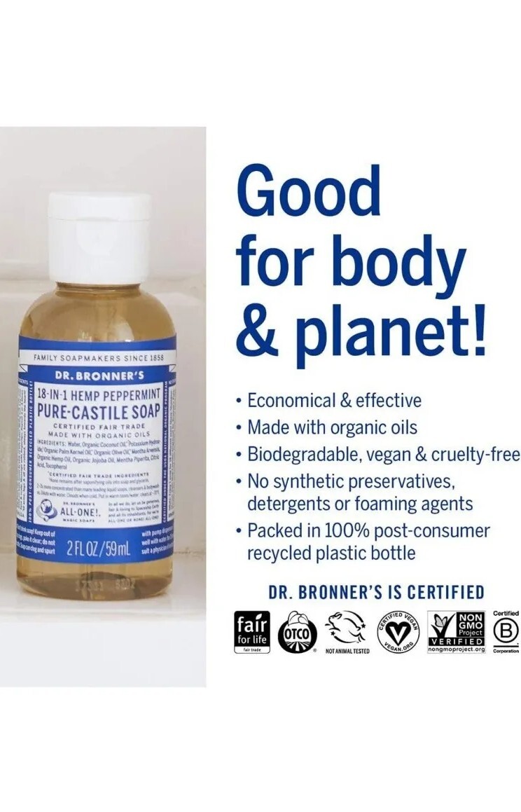 12x Dr. Bronner’s Soaps 18-in-1 Hemp Peppermint 2 fl oz Pure-Castile Soap