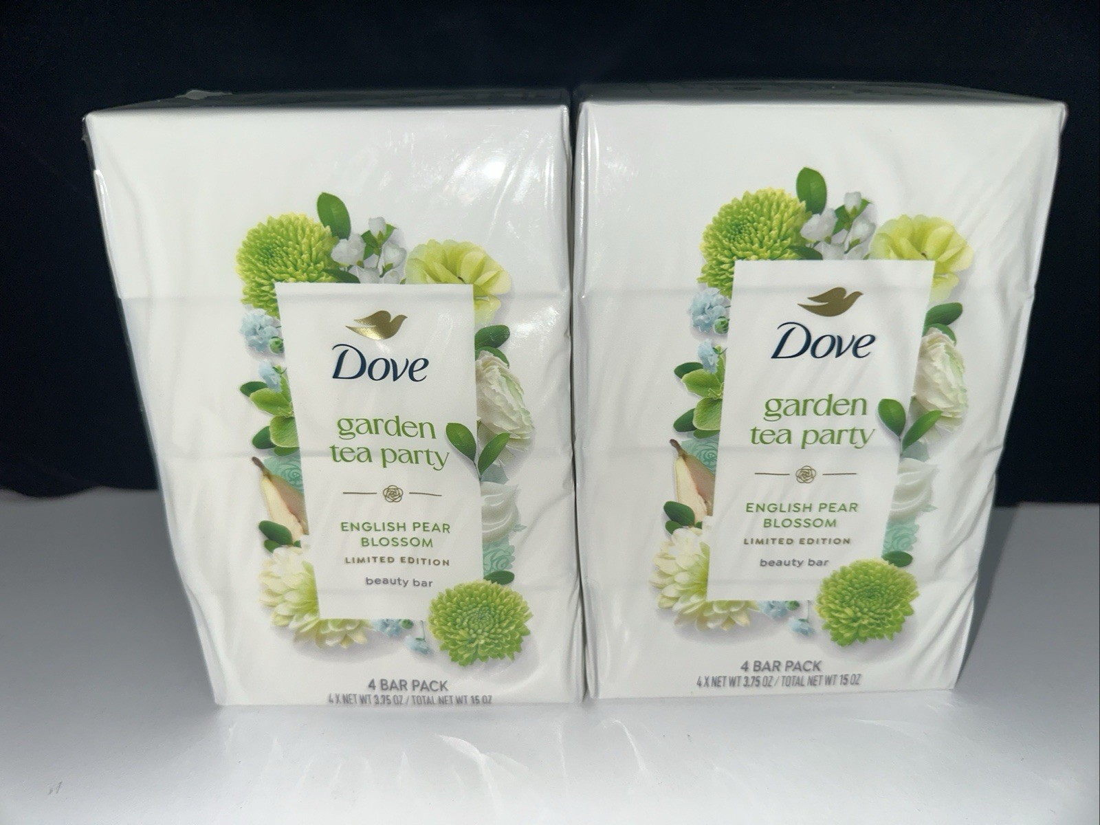 DOVE–8 BARS GARDEN TEA PARTY English Pear Blossom LTD ED- EACH 3.75oz Bar Soap
