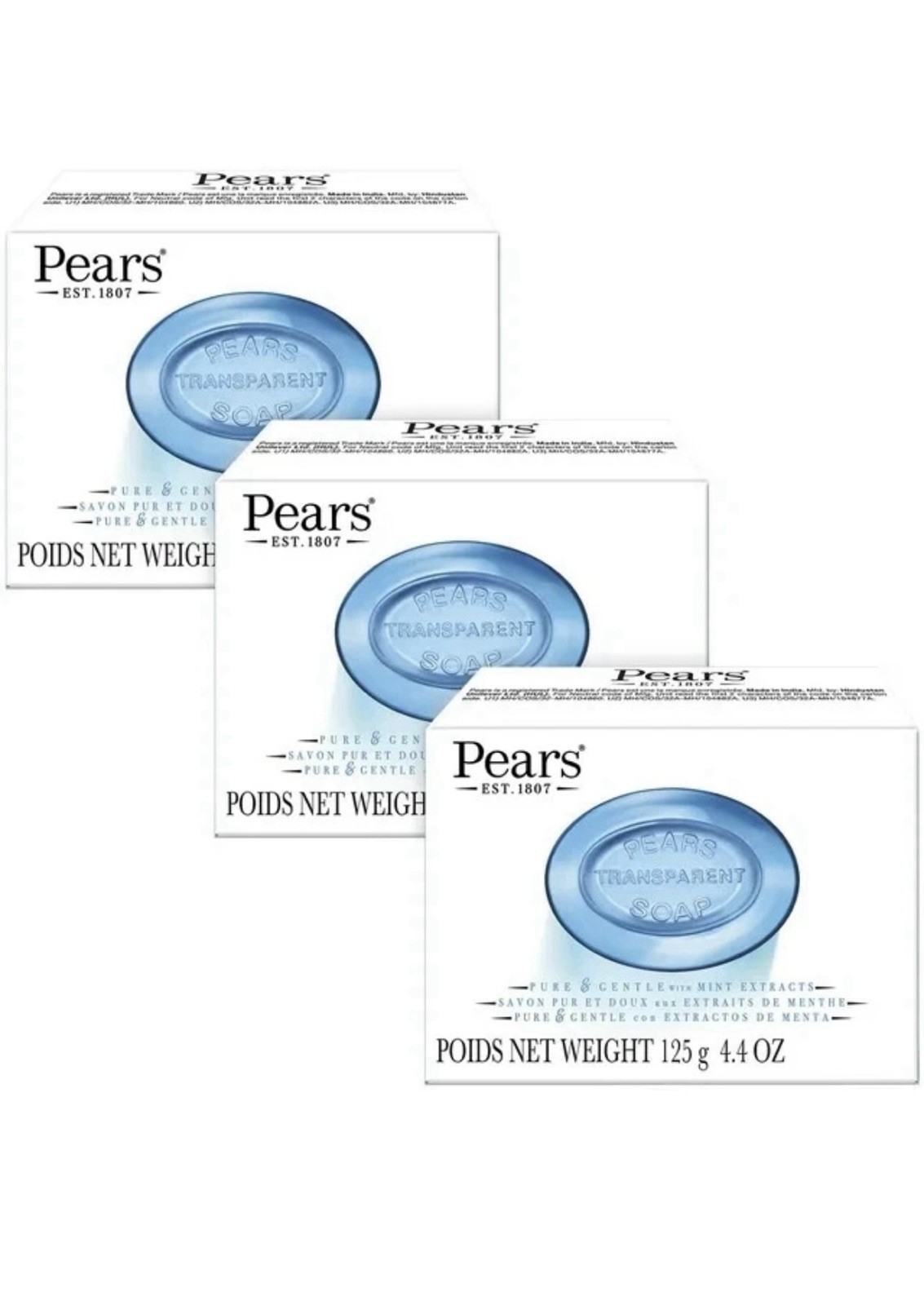 Pears Transparent Soap with Mint Extract 3 Pack Pure & Gentle Bar Soap 4.4oz