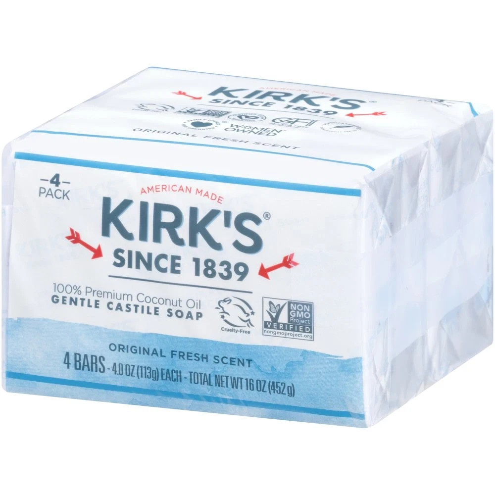 Kirk’s Castile Bar Soap – Made With Premium Coconut Oil, 4 oz. Bars, 4 Pack