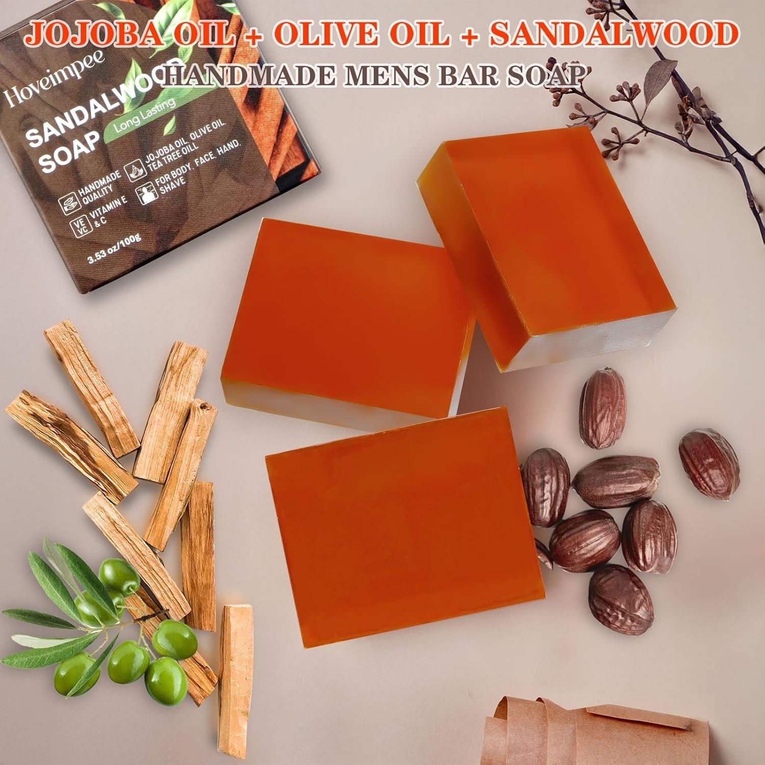 3 Pack Sandalwood Mens Bar Soap, Natural Soap Infused Jojoba 3.53 oz Soap Bar