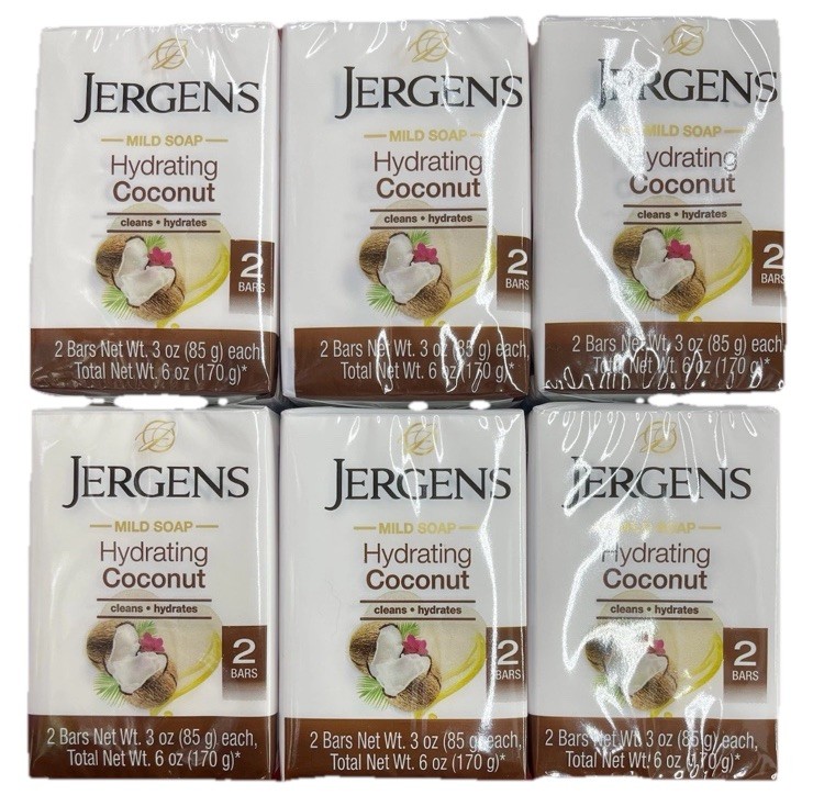 12 Bars JERGENS Mild Soap,Hydrating Coconut 6 Packs Net Wt 3 OZ Each Soap NewDPP