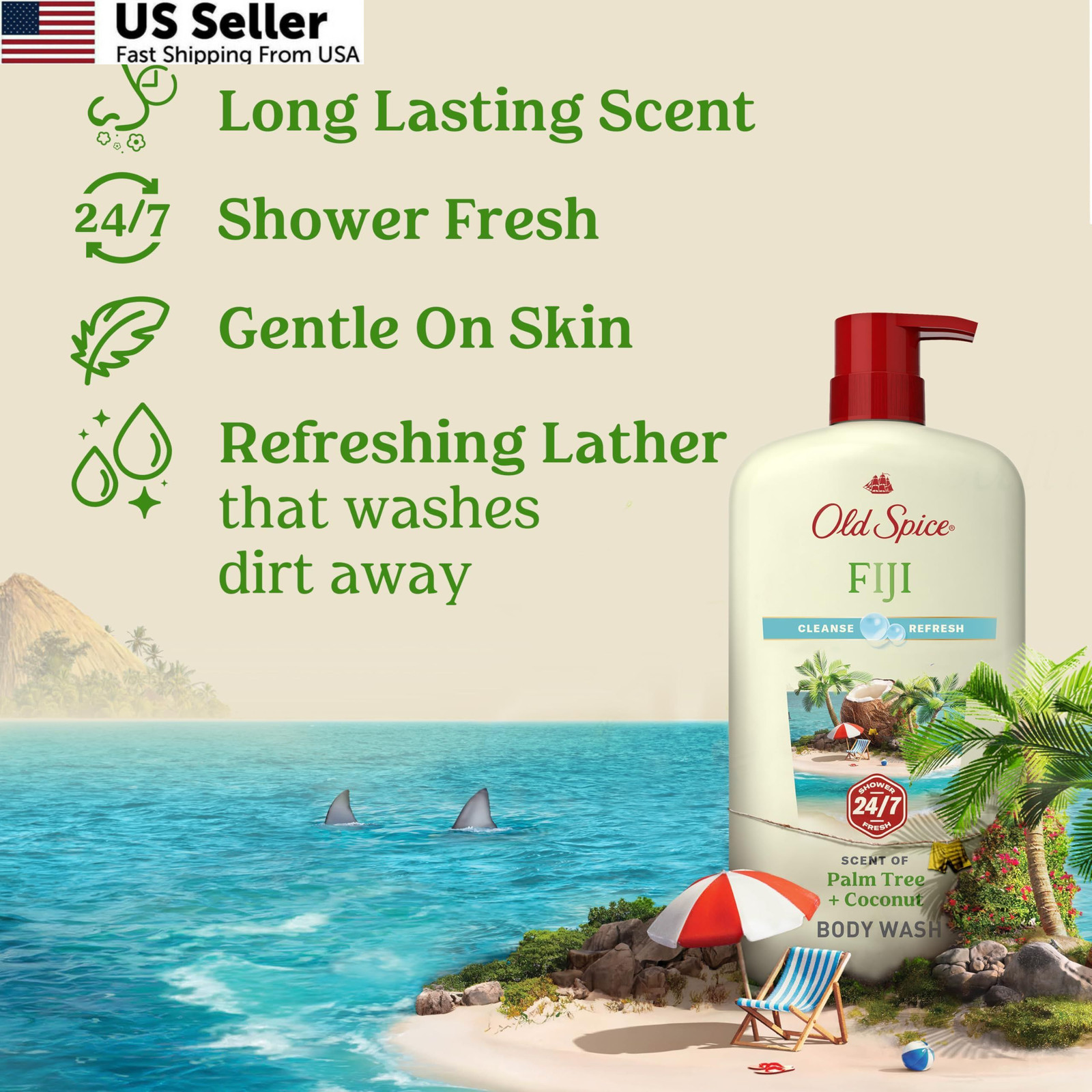 Old Spice Body Wash for Men, 24/7 25 Fl Oz (Pack of 4), Fiji w/ Palm Tree