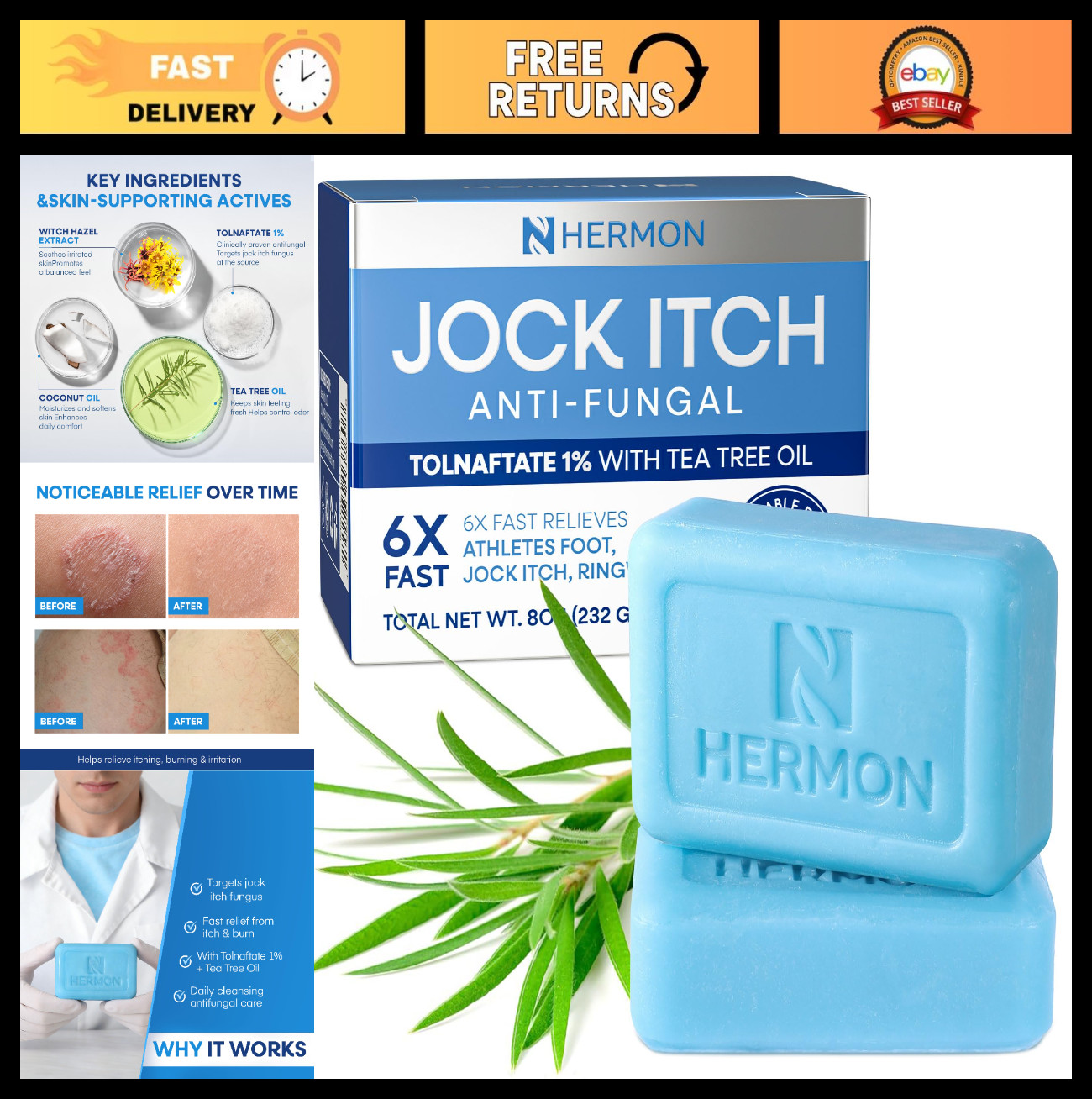 Antifungal Soap Bar with Tea Tree Oil – Soothes Jock Itch, Athlete’s Foot & Ring
