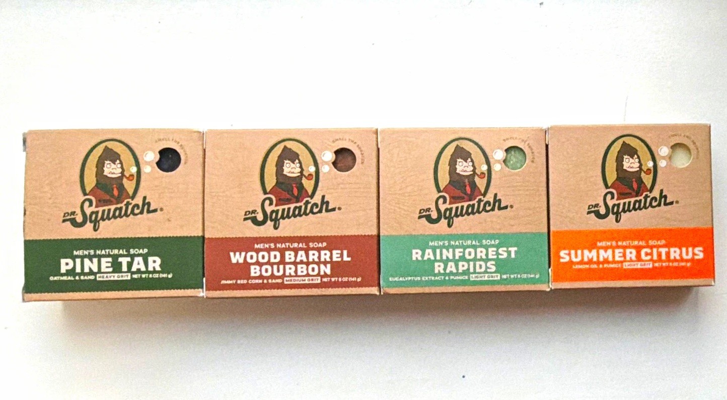 Dr. Squatch 4-Pack, Natural Soap; Pine Tar, WBB, Rainforest Rapids,Summer Citrus