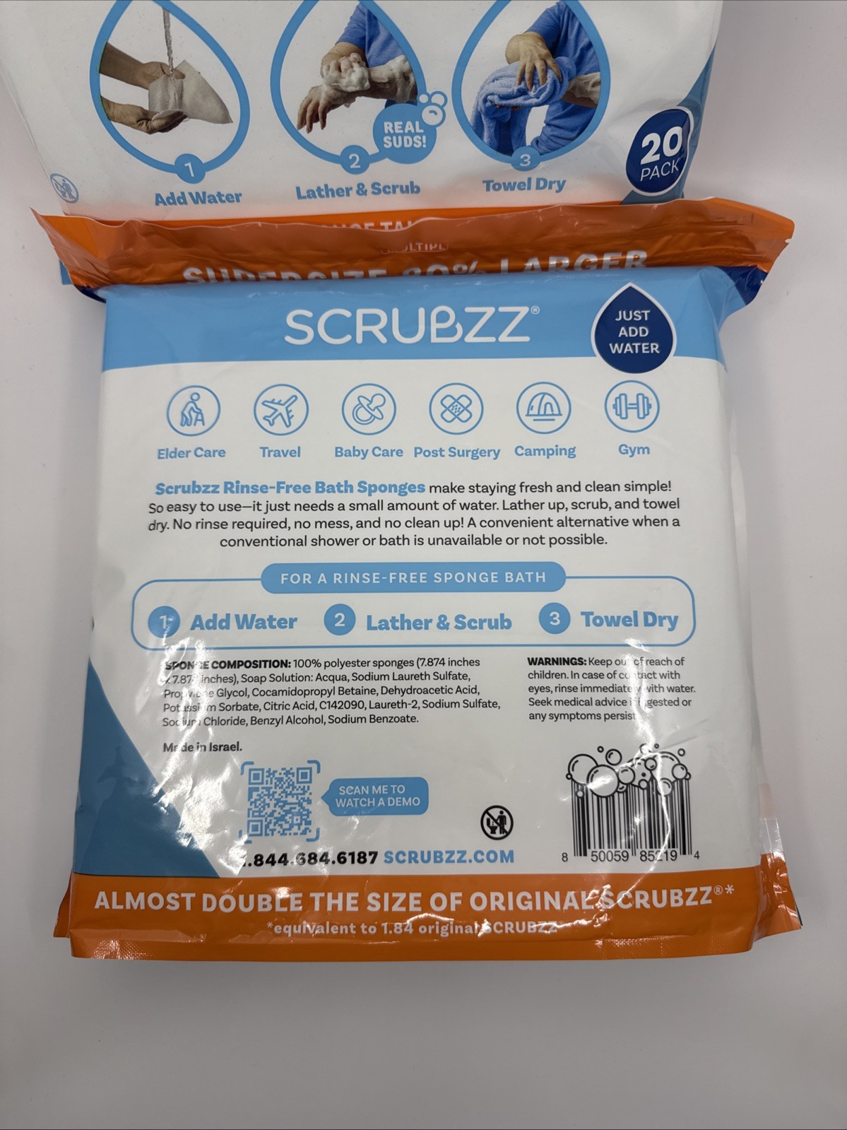 Scrubzz Disposable Rinse Free Bath Sponges Sensitive Skin Soap and Shampoo 20 PK