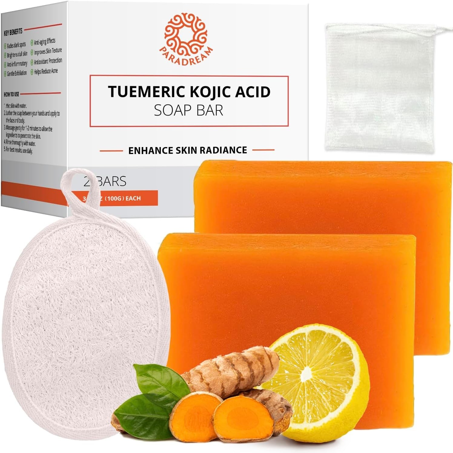 Kojic Acid Soap 2 Bars with Loofah Sponge Turmeric Vitamin C Retinol Set