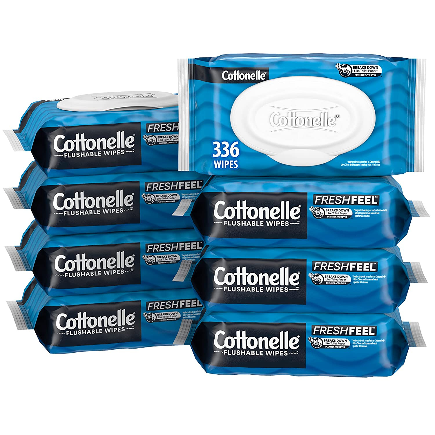 Freshfeel Flushable Adult Wet Wipes, 8 Flip-Top 42-Count Packs (336 Wipes Total)