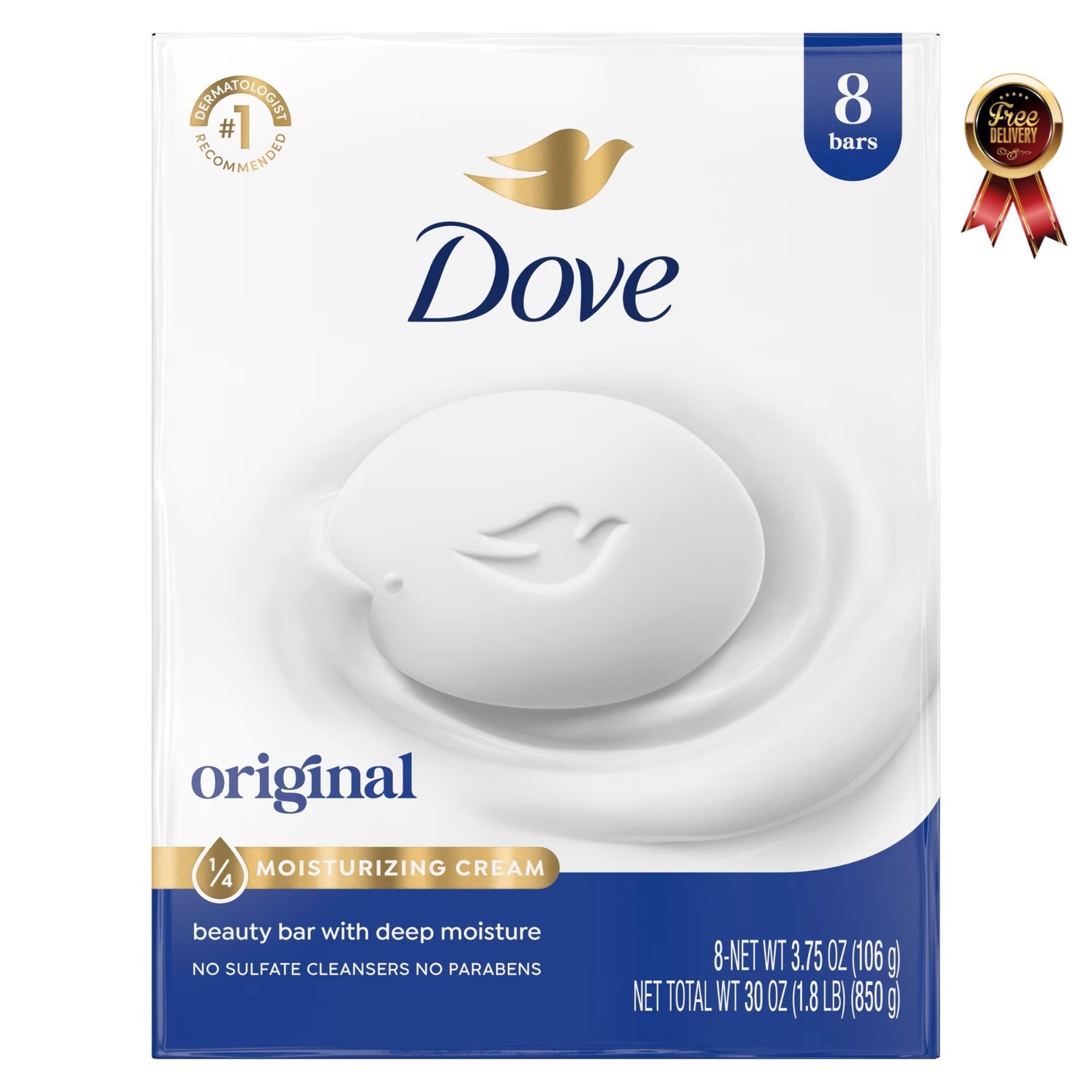 Original Deep Moisturizing Beauty Bar Soap, Unscented, 3.75 Oz (8 Bars)