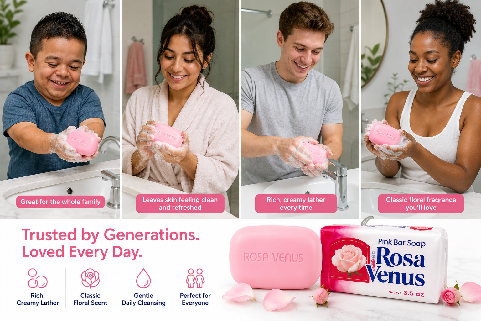 Rosa Venus Pink Bar Soap Beauty Bath Soap Rich Creamy Lather Floral Scent