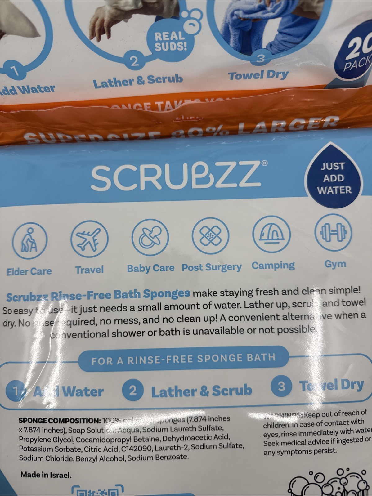 Scrubzz Disposable Rinse Free Bath Sponges Sensitive Skin Soap and Shampoo 20 PK
