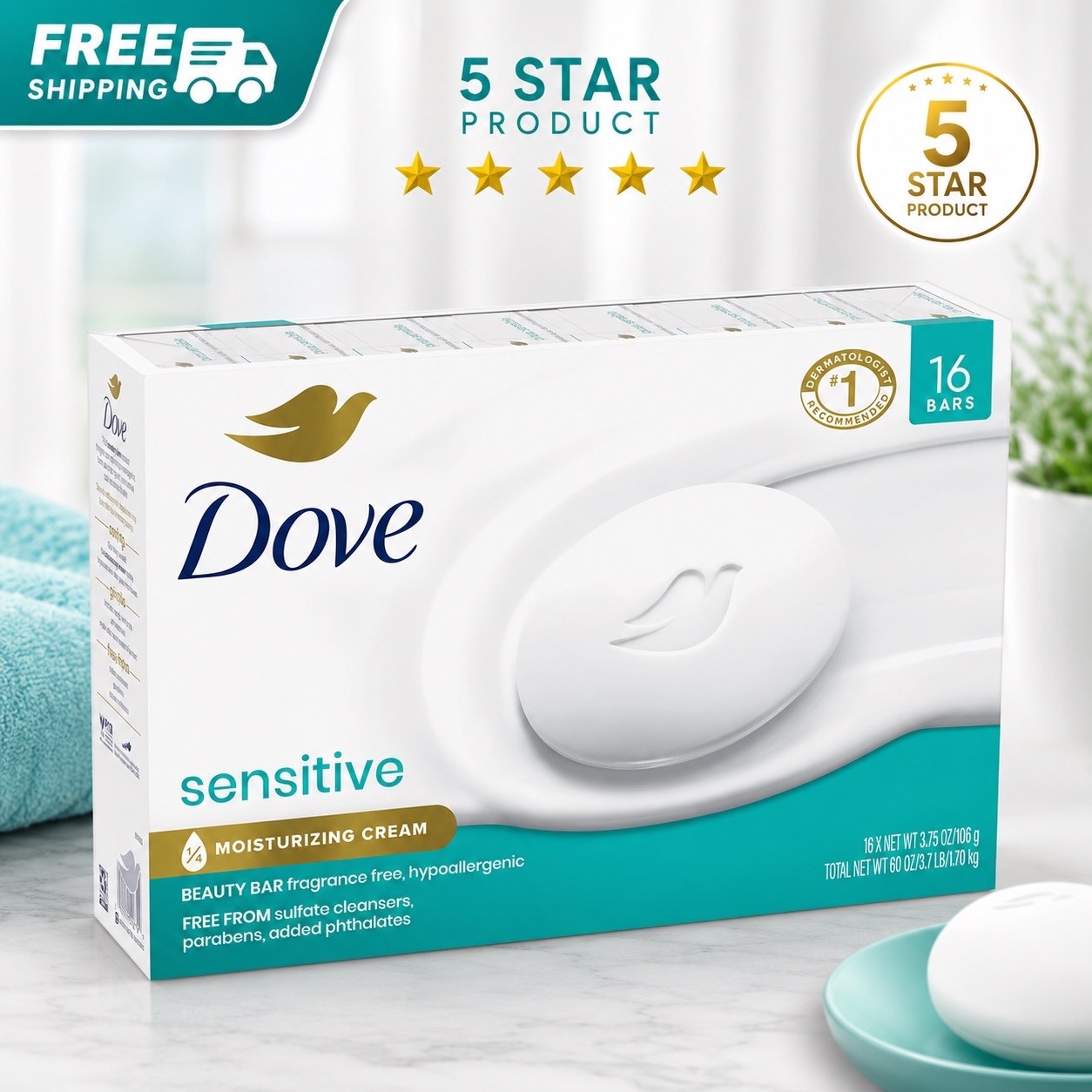 Dove Moisturizing Gentle Beauty Bar Soap Sensitive Skin, 3.75 oz, 16 Bars