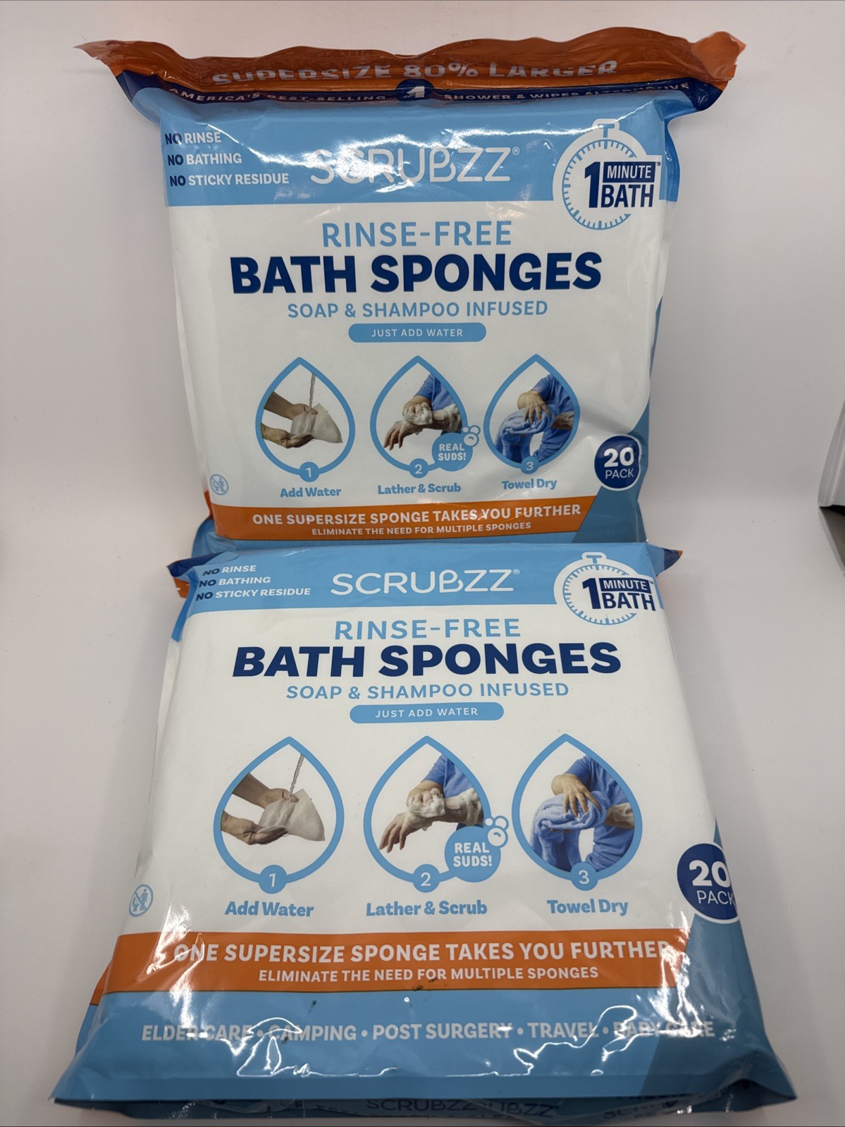 Scrubzz Disposable Rinse Free Bath Sponges Sensitive Skin Soap and Shampoo 20 PK