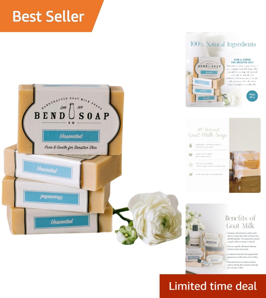 4 x 4.5 oz Handmade Unscented Goat Milk Soap Bars for Dry & Sensitive Skin