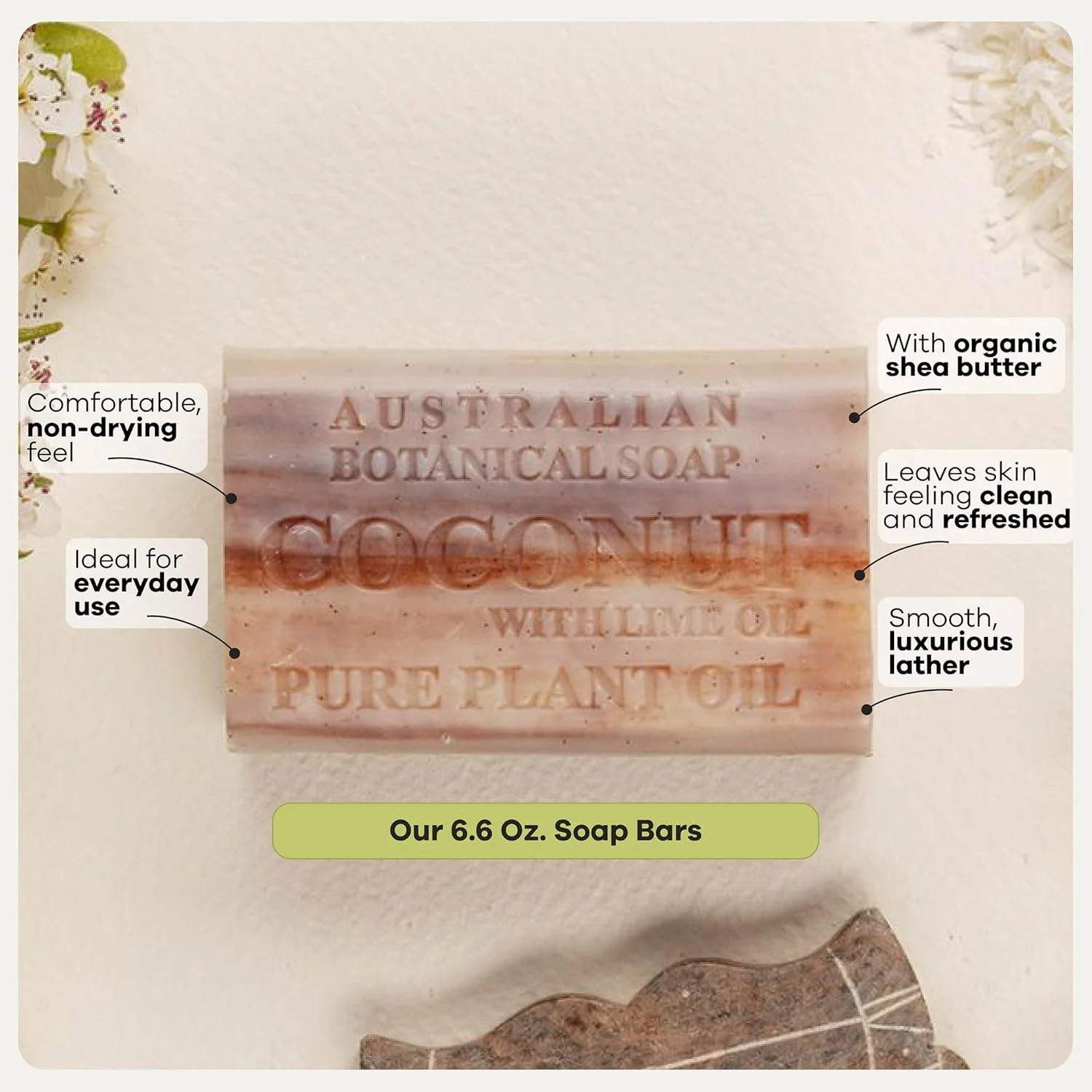 Australian Botanical Soap, 6.6 OZ, Coconut and Lime Oil, Triple Milled Bars made